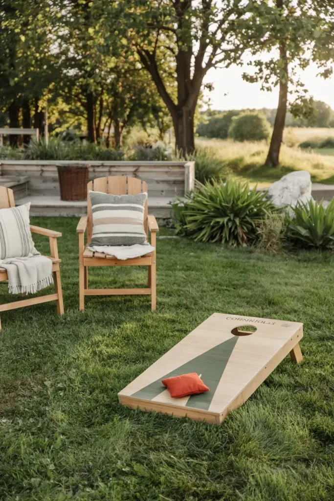 Cornhole game set up on a grassy lawn next to two wooden chairs under trees.