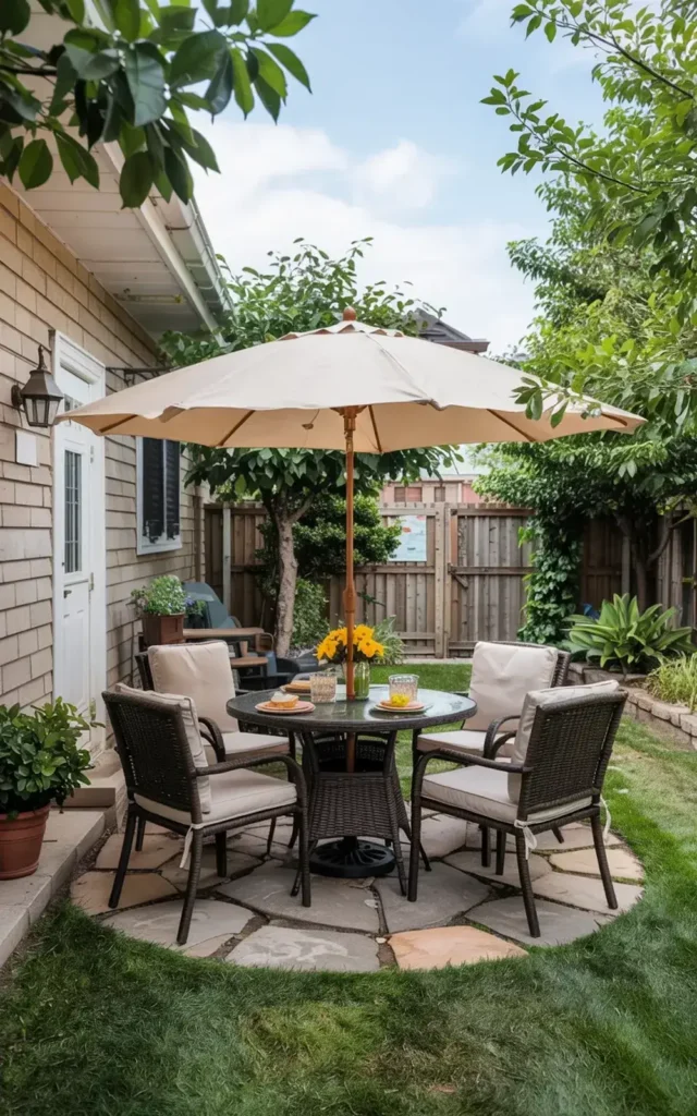 Patio dining set with a beige umbrella on a stone patio surrounded by a grassy lawn and garden.