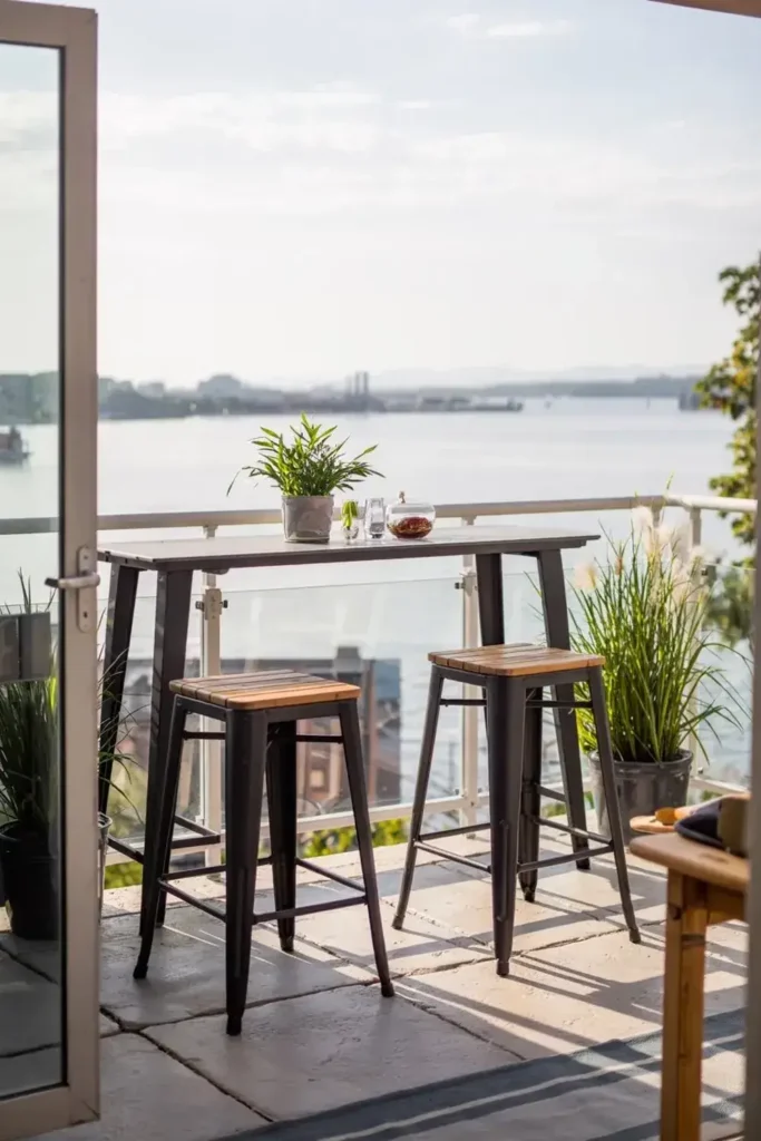 Modern bar table and stools on a sunny balcony overlooking a waterfront city.