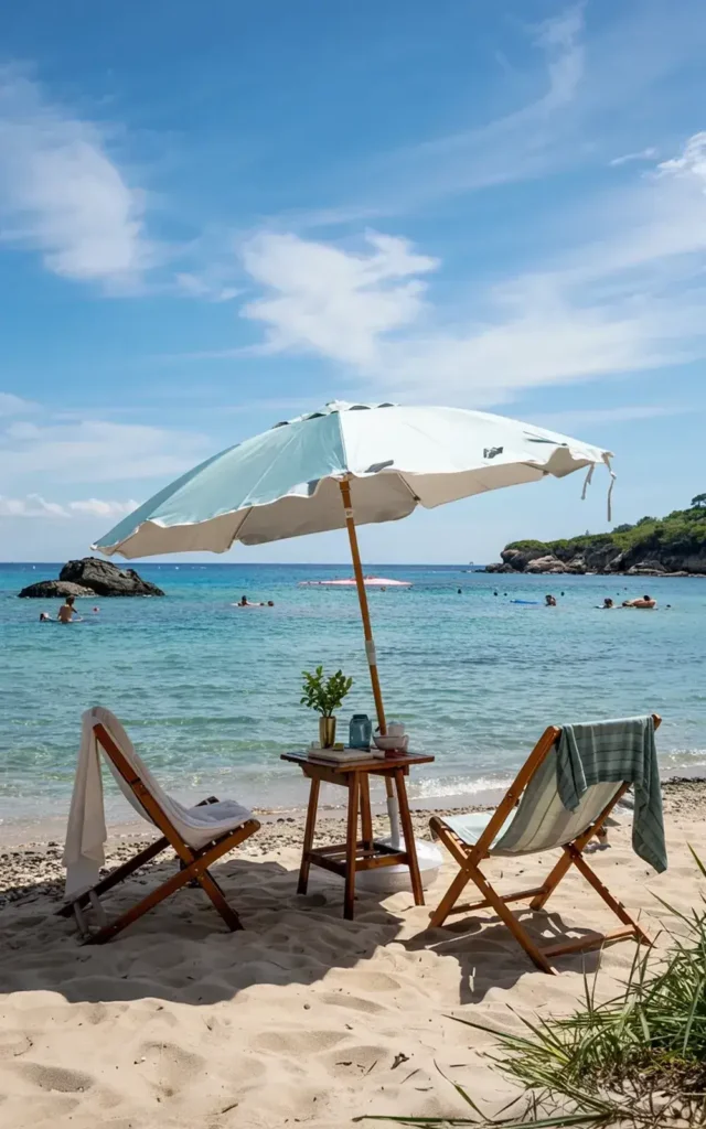 Beach setup with two folding chairs, a small table with a plant and drink, and a light blue umbrella overlooking a calm turquoise sea.