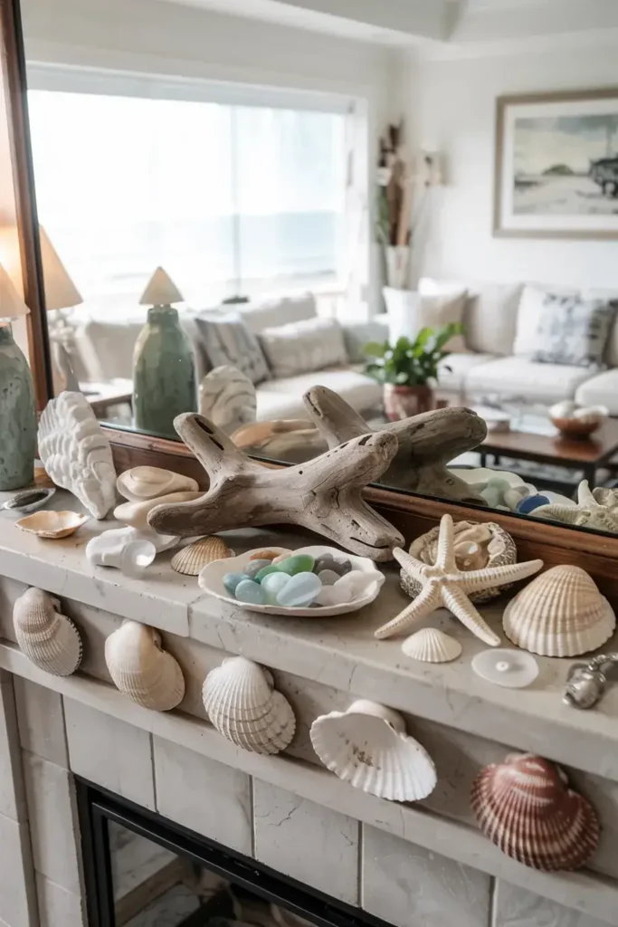 Fireplace mantel decorated with seashells, driftwood, sea glass, and a starfish, with a coastal living room in the background.