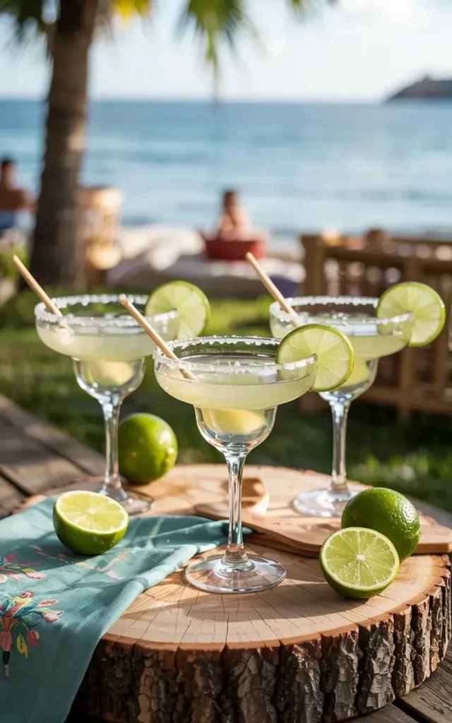 Three margaritas with lime wedges on a wooden slice with a beach in the background.