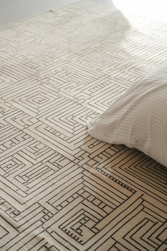 Geometric patterned beige rug with a white pillow resting on it.
