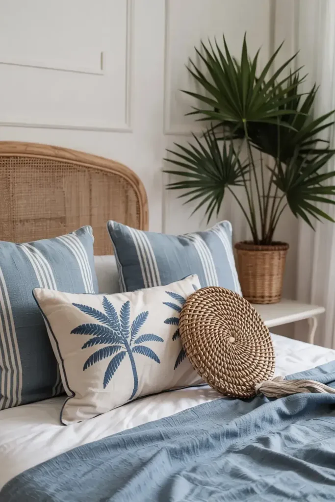 Bed with rattan headboard, blue striped and palm tree embroidered pillows, and a potted palm plant on a side table.