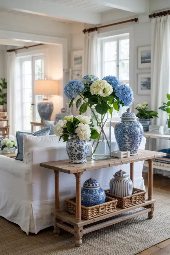 Bright coastal living room with blue and white hydrangeas and ginger jars on a wooden console table behind a white sofa.
