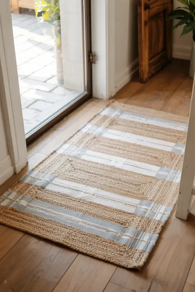 Jute rug with white and light blue stripes at a doorway.