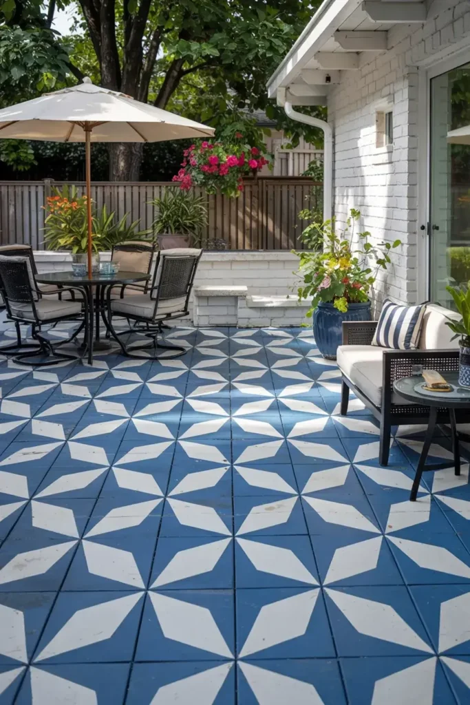Backyard patio with blue and white geometric star-patterned floor, seating areas, umbrella, and plants.
