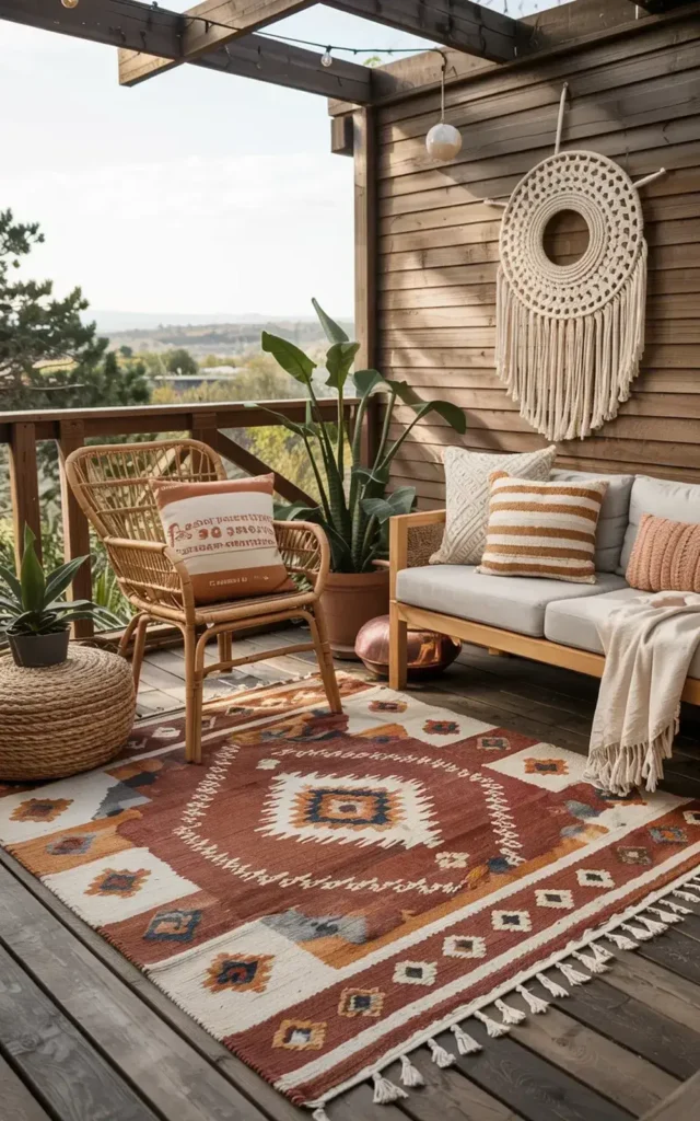 Bohemian outdoor patio with a wicker chair, sofa, rug, plants, and macrame wall hanging.