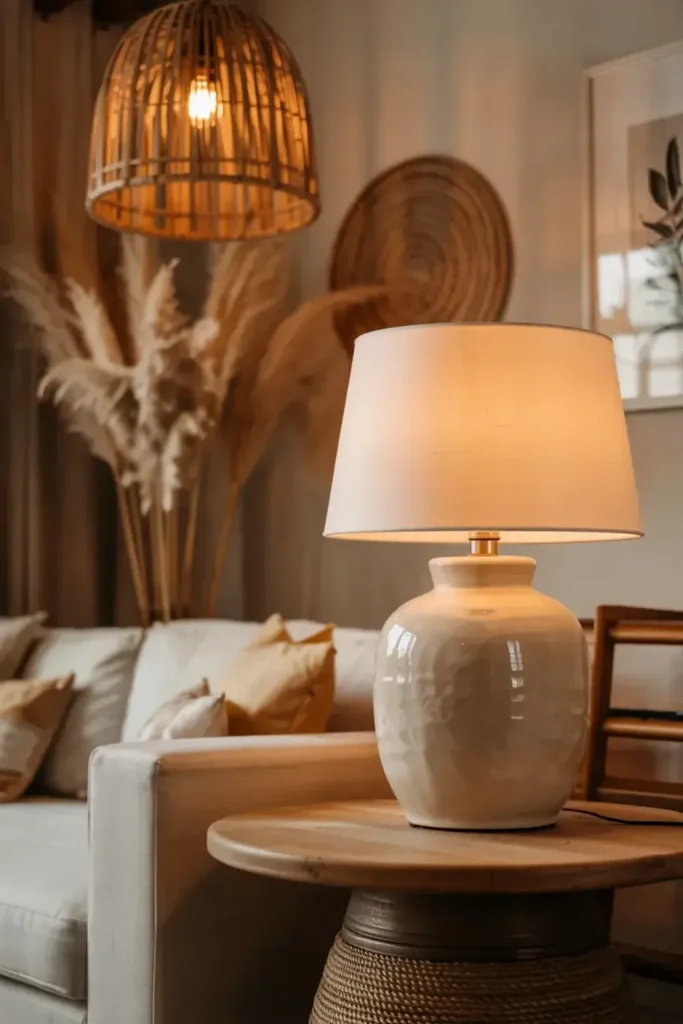 Cream ceramic table lamp illuminated on a wooden side table in a cozy, boho-style living room.