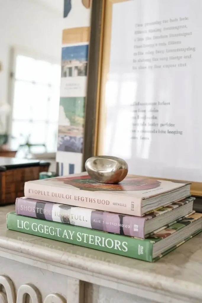 Stack of books and a silver bowl on a marble surface with framed art in the background.