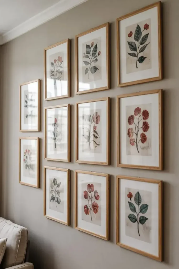 Collection of framed botanical prints on a wall.