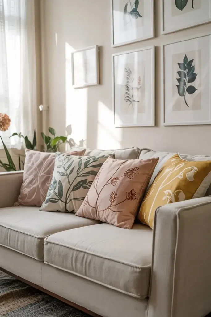 Living room with a couch, botanical art prints, and decorative pillows.