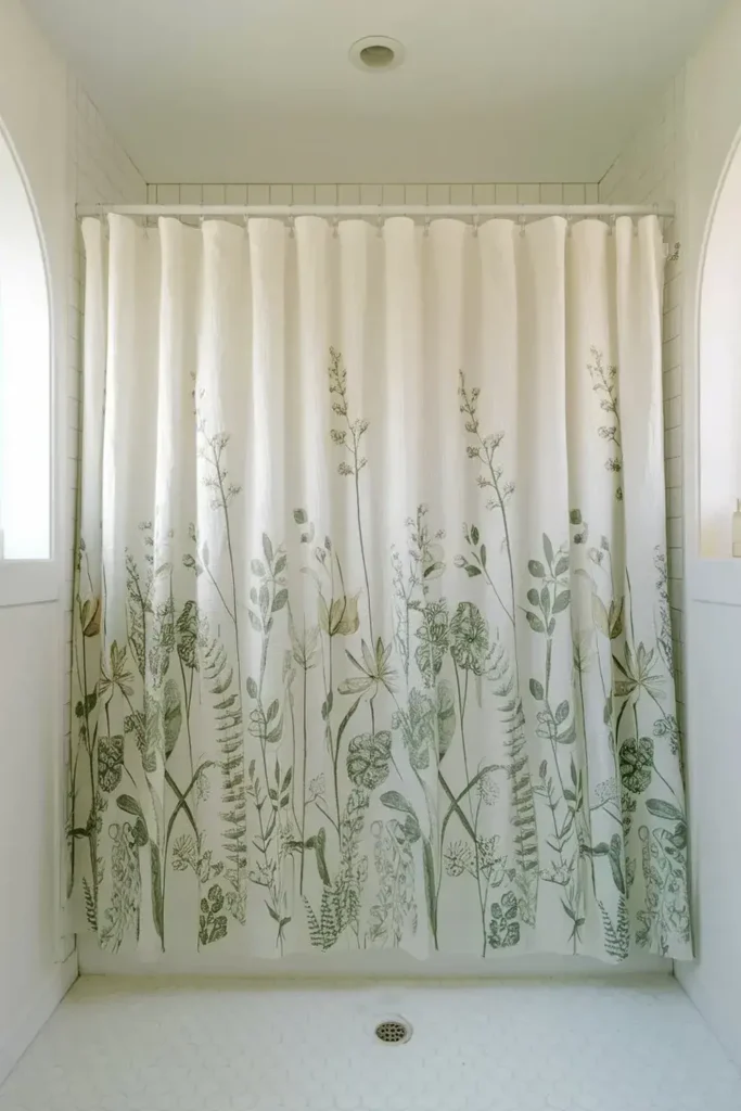 Shower with a white floral-patterned curtain.