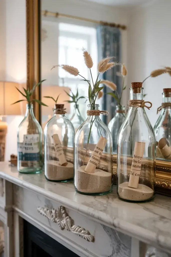 Assorted glass bottles filled with sand, rolled paper, and dried flowers displayed on a marble mantelpiece with a gold-framed mirror in the background.