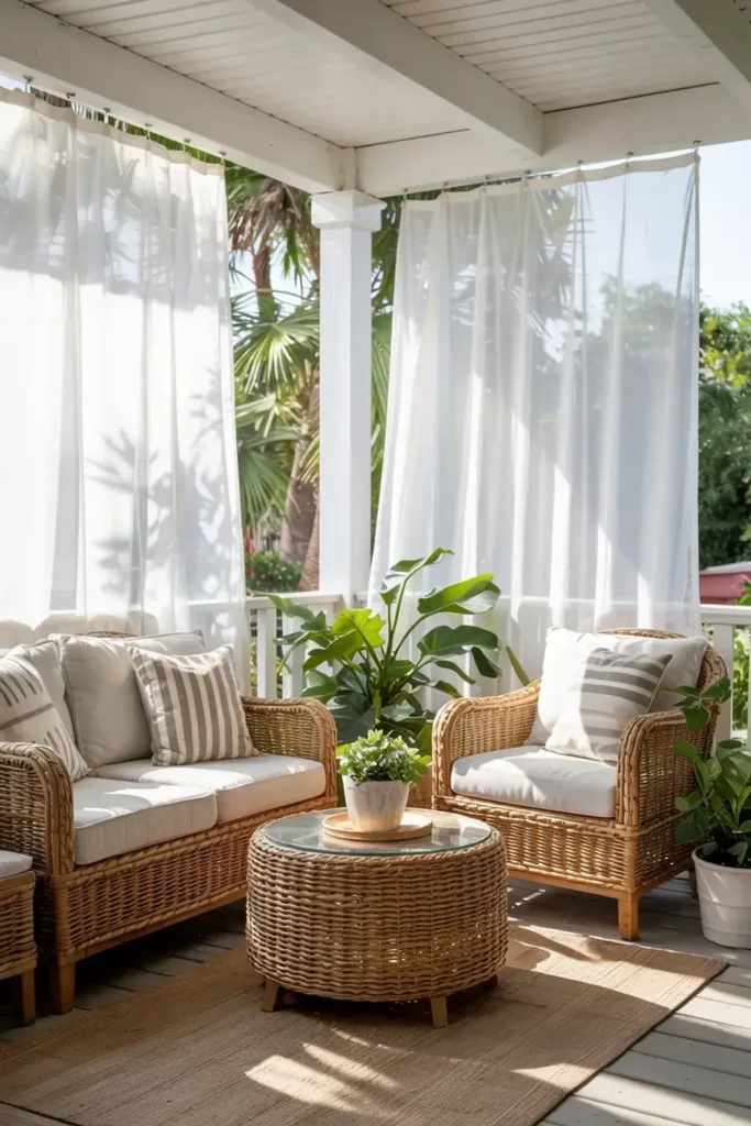 Wicker patio furniture with white cushions and sheer curtains on a covered porch.