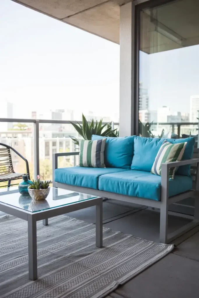 Outdoor balcony with a blue cushioned sofa, glass coffee table, striped rug, and plants overlooking a cityscape.