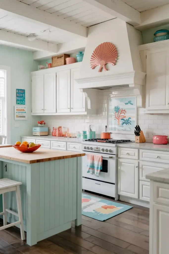 A bright, coastal-style kitchen with white cabinets, a mint green island, and colorful coral and seashell accents.