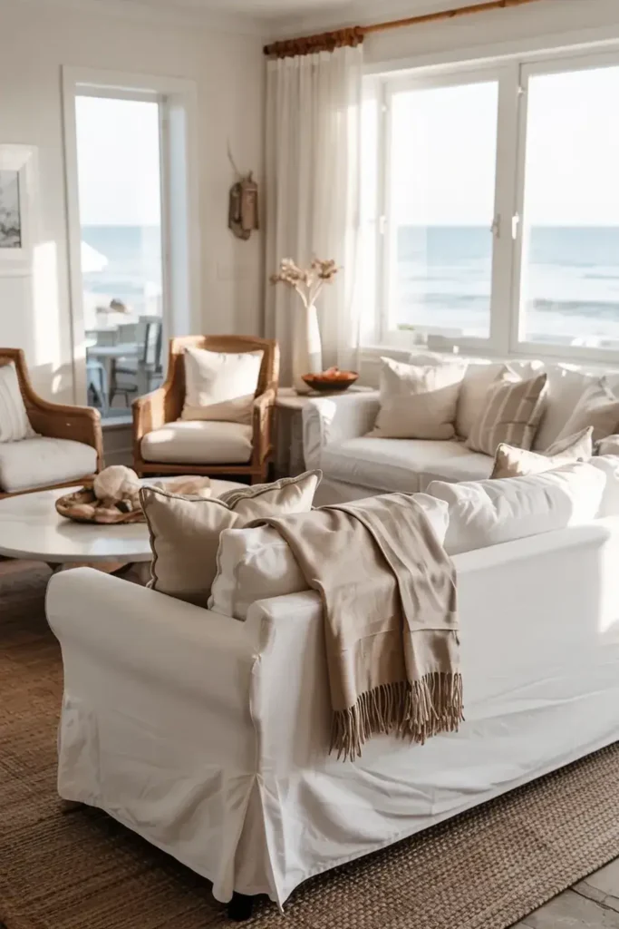 Bright coastal living room with white sofas, rattan chairs, and large windows overlooking the ocean.