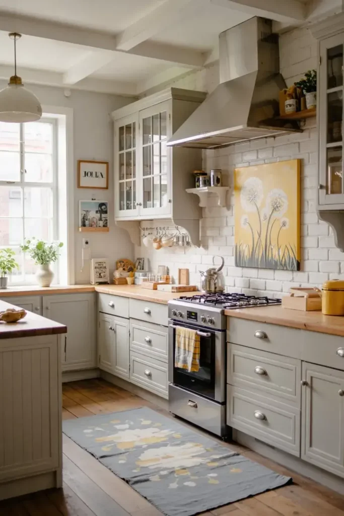 Cozy farmhouse kitchen with light grey cabinets, wooden countertops, and a stainless steel oven under a large window.