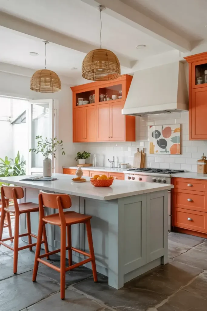 Bright kitchen with orange cabinets, a light blue island with orange stools, and woven pendant lights.