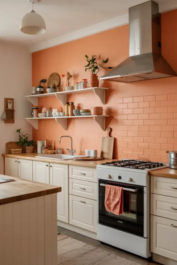 A cozy kitchen with orange walls, white cabinets, wooden countertops, and a stainless steel range hood.