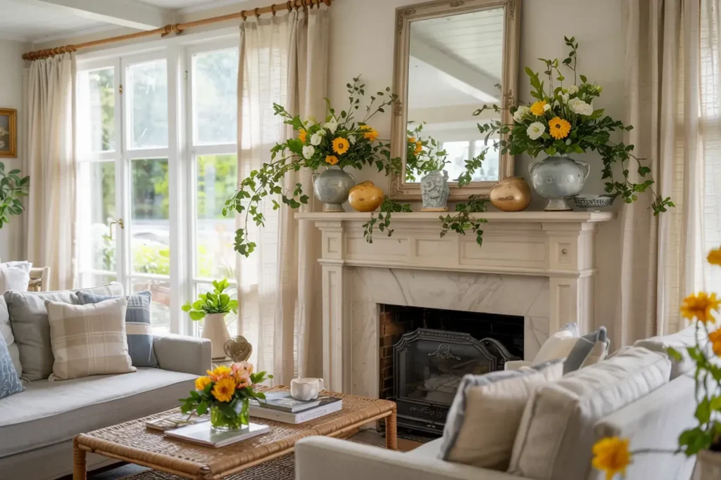 Bright, airy living room with a fireplace mantel decorated with flowers and a large mirror above it.