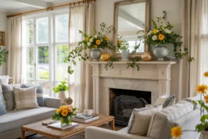 Bright, airy living room with a fireplace mantel decorated with flowers and a large mirror above it.