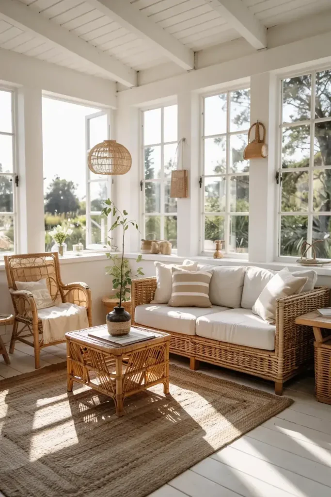 Sunlit sunroom featuring rattan furniture, large windows, a jute rug, and natural decor elements.