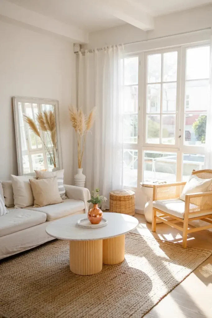 Sunlit living room with white sofa, fluted coffee table, rattan chair, and large window.