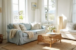 Bright coastal living room with a light blue sofa, wicker coffee table, and large sunny windows.