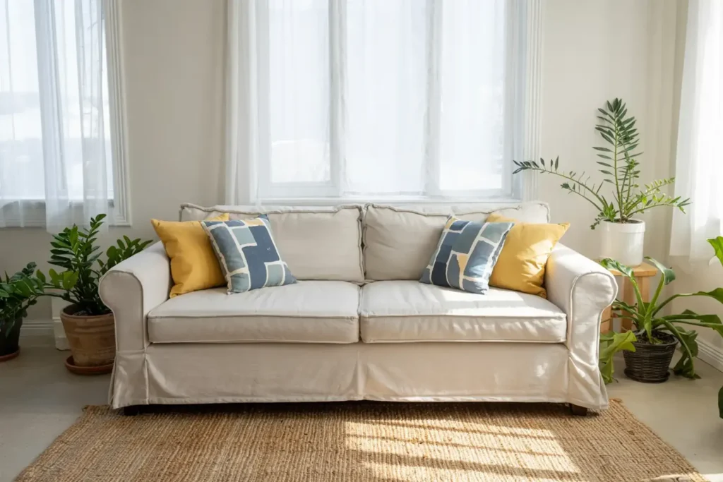 A bright living room featuring a white sofa with pillows, plants, and a jute rug near a window with sheer curtains.