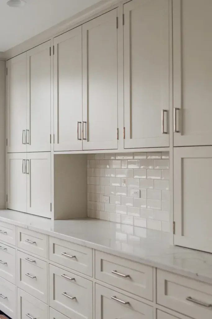 Close-up of white kitchen cabinets and white marble countertops with subway tile backsplash.