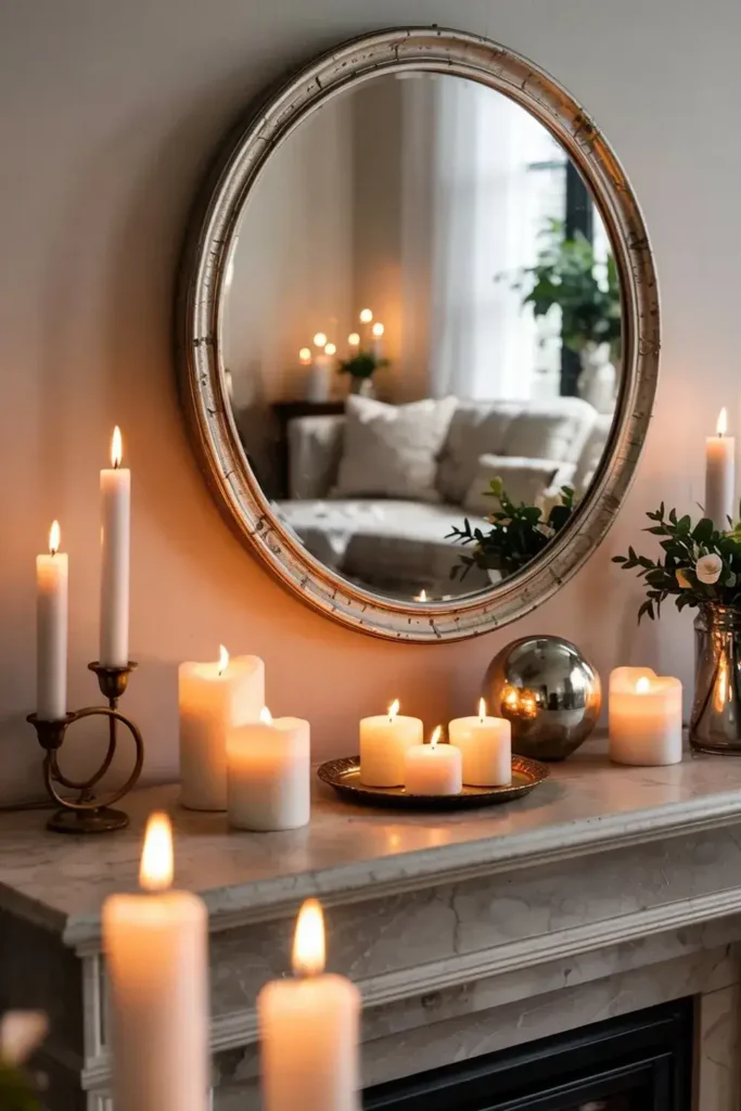 Lit candles and greenery arranged on a marble mantelpiece in front of a round mirror reflecting a cozy living room.