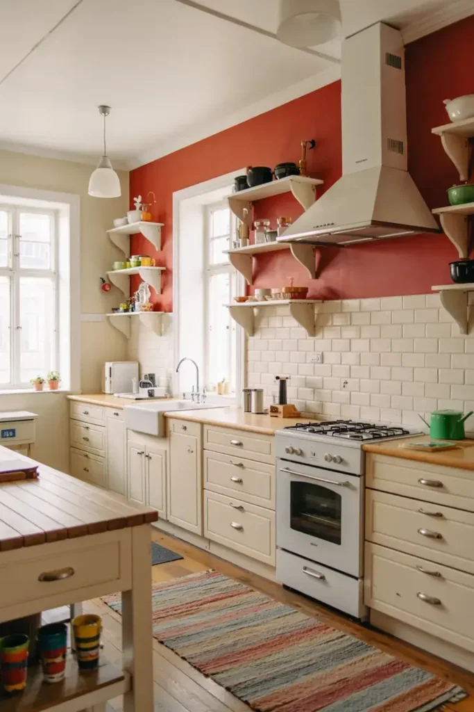 A cozy kitchen with cream cabinets, a red accent wall, and a striped rug.
