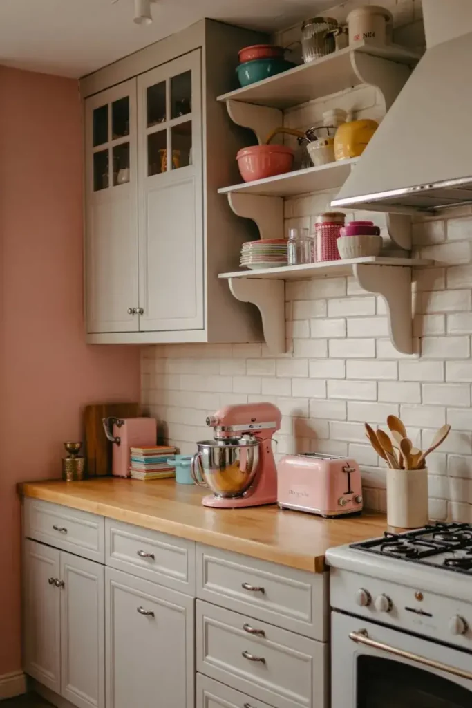 A cozy kitchen with light grey cabinets, wooden countertops, pink appliances, and a white subway tile backsplash.