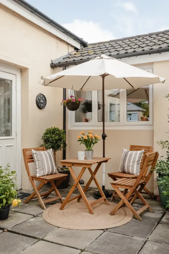 A cozy patio with a wooden table, two chairs, and a white umbrella on a stone-paved area surrounded by plants.