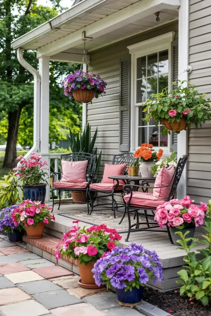 House porch with patio seating surrounded by numerous colorful potted flowers and hanging baskets.