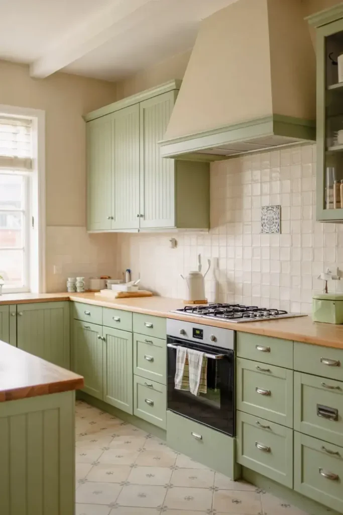 A well-lit kitchen with sage green cabinets, wooden countertops, tiled backsplash, and a stainless steel oven.