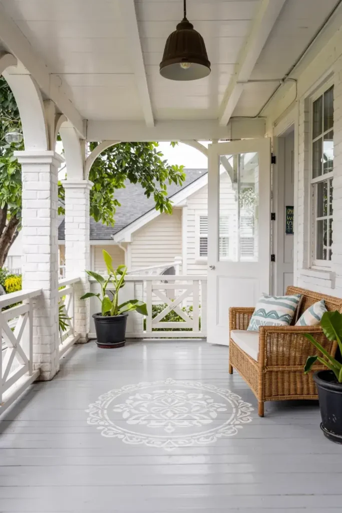 White house porch with a grey painted floor featuring a white stencil design, a wicker bench, and potted plants.