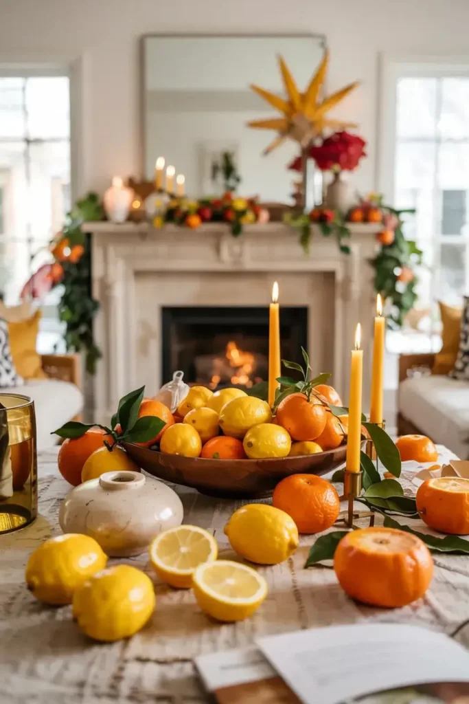 A table laden with citrus fruits and lit candles sits in front of a fireplace decorated with greenery and more fruit.