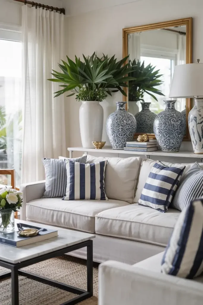 Bright living room with a white sofa featuring blue striped pillows, a console table with vases, and a gold mirror.
