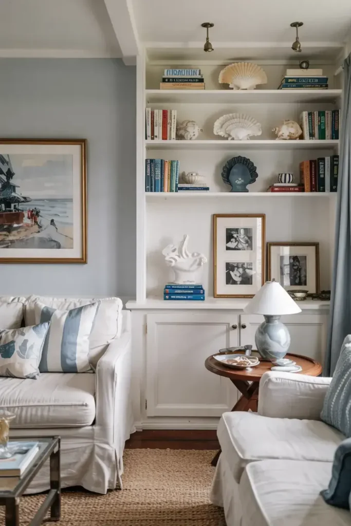 Coastal-themed living room featuring white sofas, a built-in bookcase with shells and books, and framed artwork.