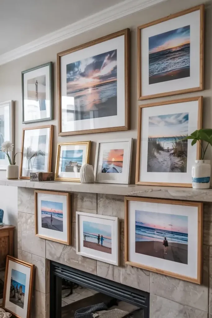 A gallery wall of framed beach and sky photography above a marble fireplace mantel.