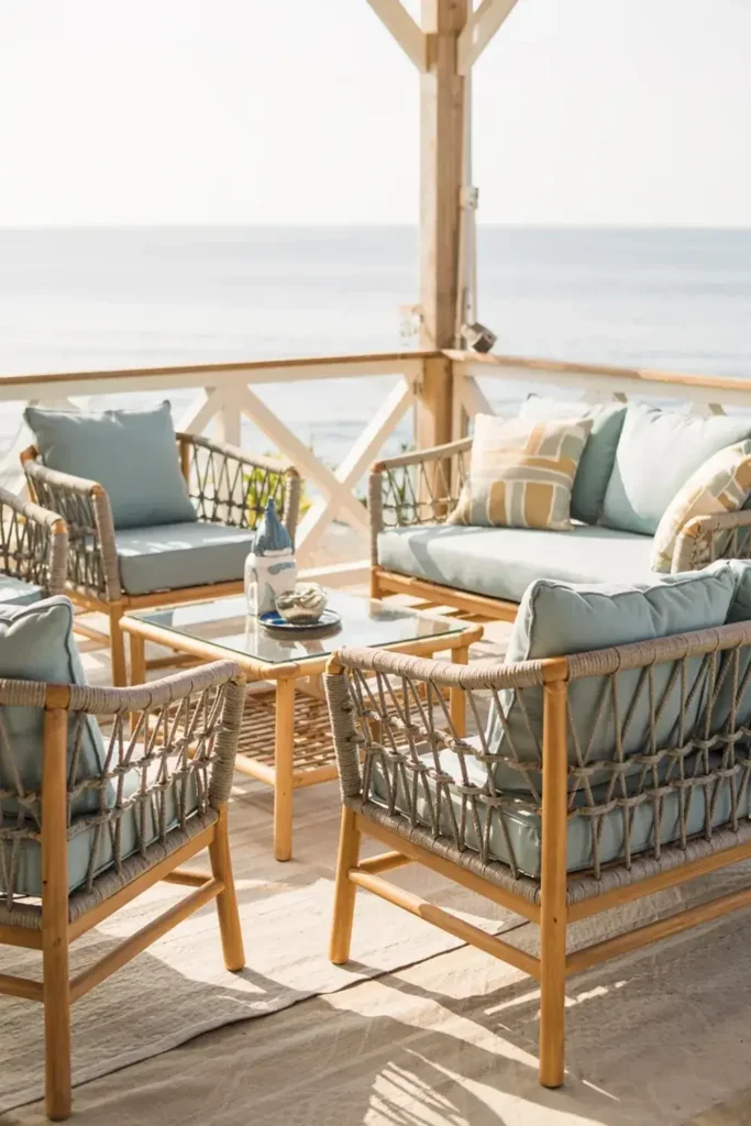 Wicker patio furniture with light blue cushions on a sunny deck overlooking the ocean.
