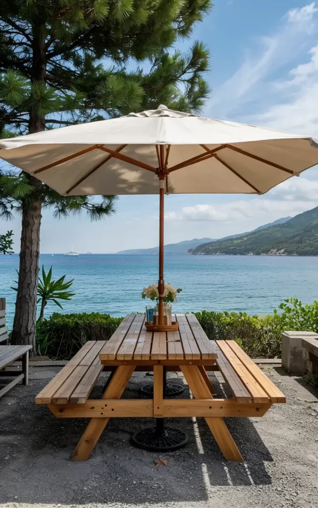 Wooden picnic table with a vase of flowers under a large white umbrella overlooking a calm blue sea.