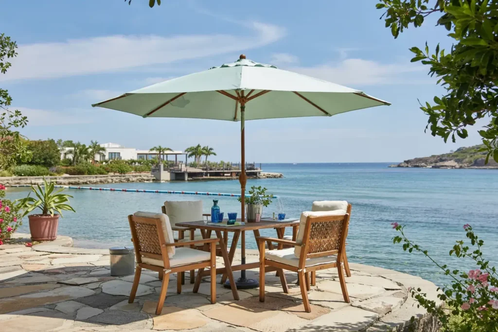 Outdoor dining set with a green umbrella overlooking the ocean.