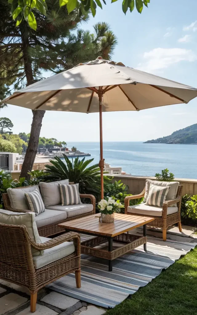 Wicker patio furniture with striped cushions under a large umbrella overlooking a blue bay.