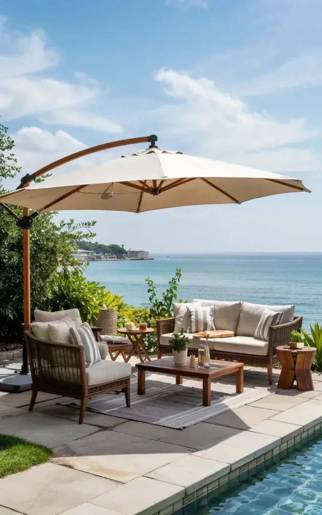 Outdoor patio set with a large cantilever umbrella overlooking the ocean.