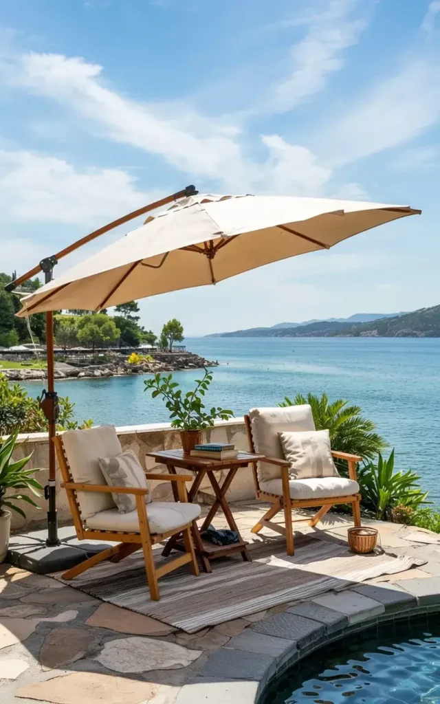 Outdoor seating area with a parasol overlooking a blue bay and distant hills.