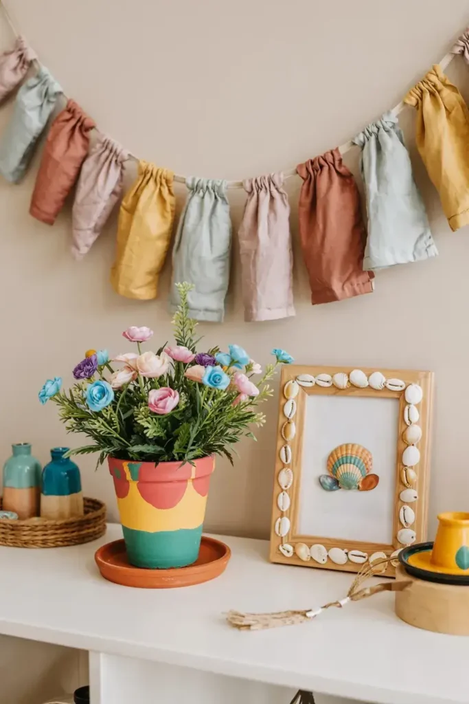 Still life of flower pot, seashell frame, vase, and cloth banner against a wall.